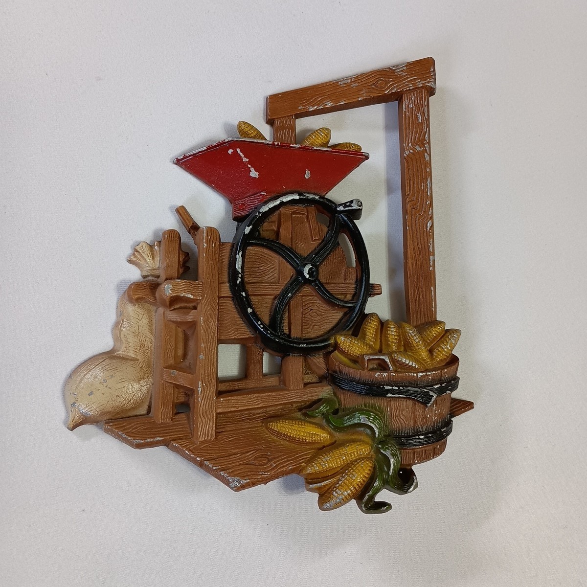 Vintage 1970s Homco USA Cast Metal 3D Corn Grinding Mill Farm Kitchen Wall Decor Vintage 1970s Homco USA Cast Metal 3D Corn Grinding Mill Farm Kitchen Wall Decor