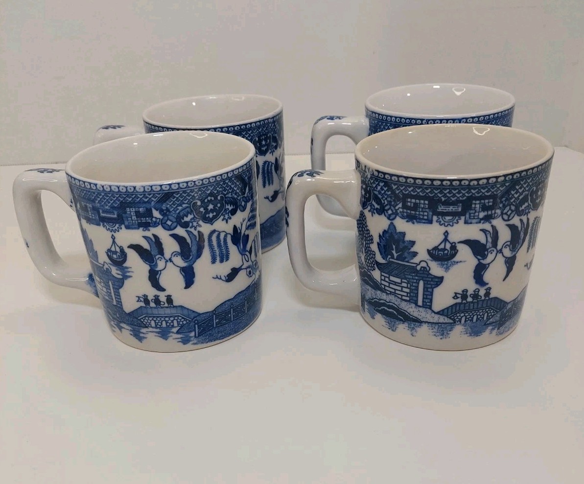 Vintage HH Howard Holt Blue Willow Coffee Cup/Mug Set Of 4 Japan 1960\'s