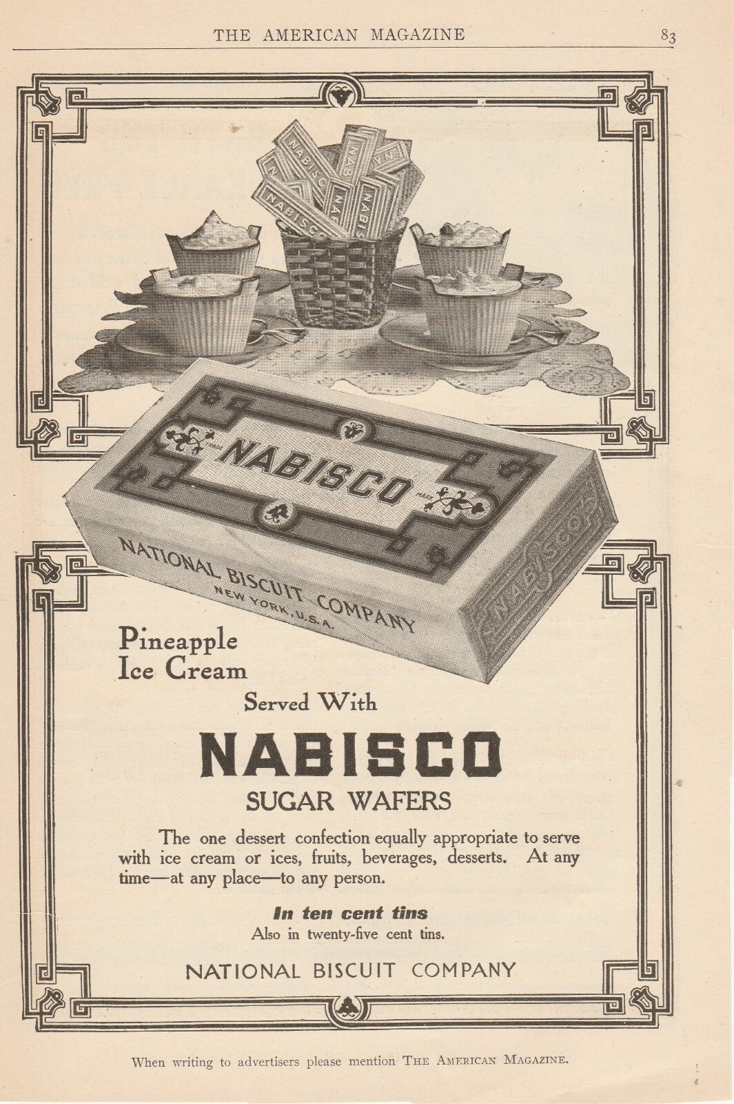Nabisco Sugar Wafers In ten cent tins Pineapple Ice Cream Nat\'l Biscuit Co 1910