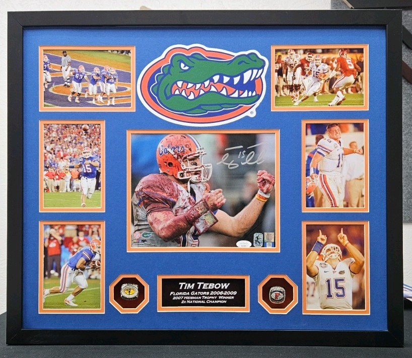 Tim Tebow signed Florida Gators Deluxe Framed 25x22 collage with x2 rings x3 COA