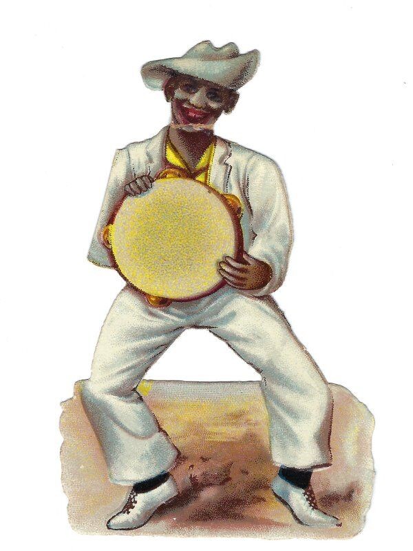 BLACK PERFORMER CARICATURE GOLD TAMBOURINE, Antique Victorian Die-Cut Scrap 4