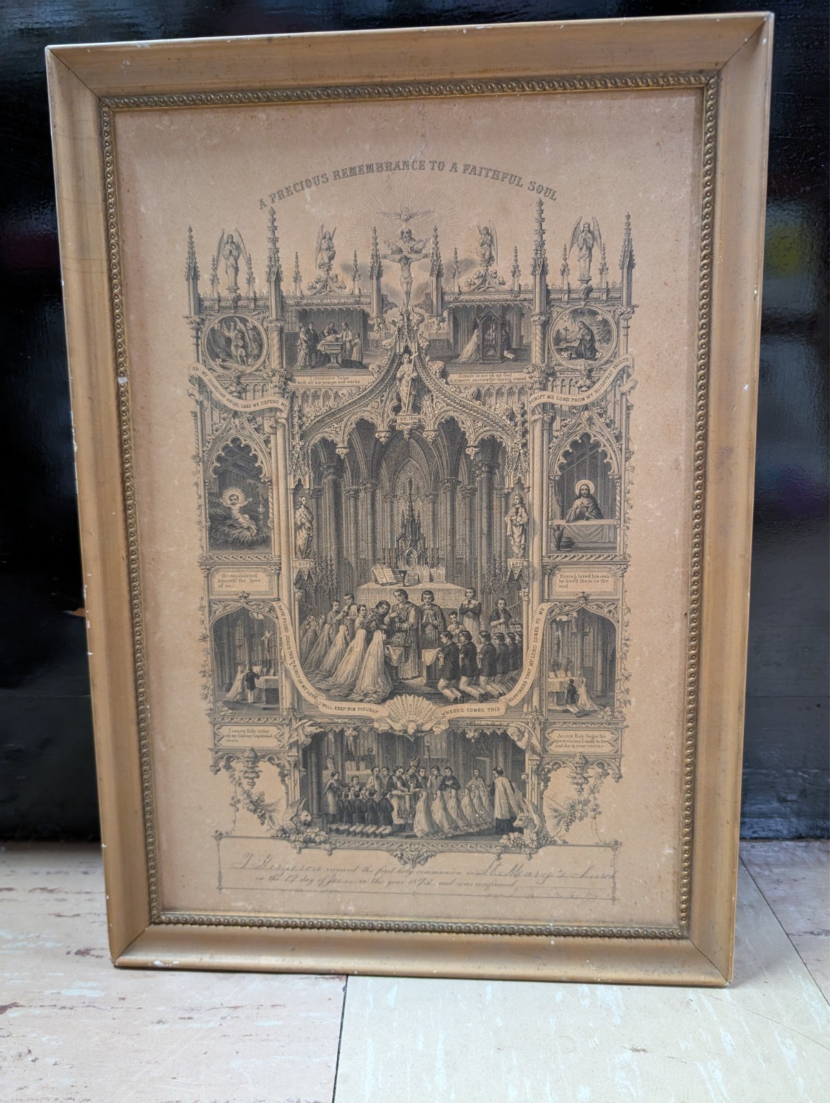 Antique 1892 Framed First Holy Communion Certificate - 11\