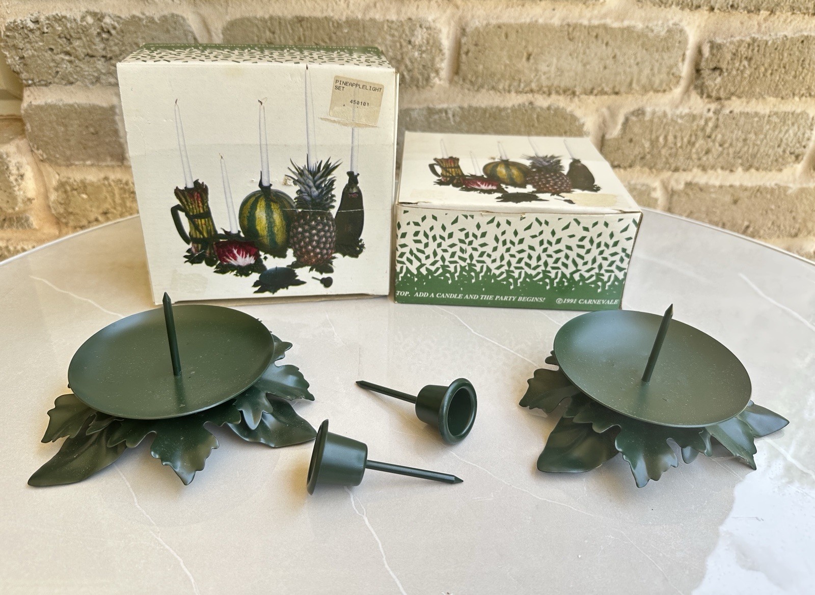 Pair of Green Carnevale 1991 Fruit/Veggie Centerpiece Pillar Base Candleholder