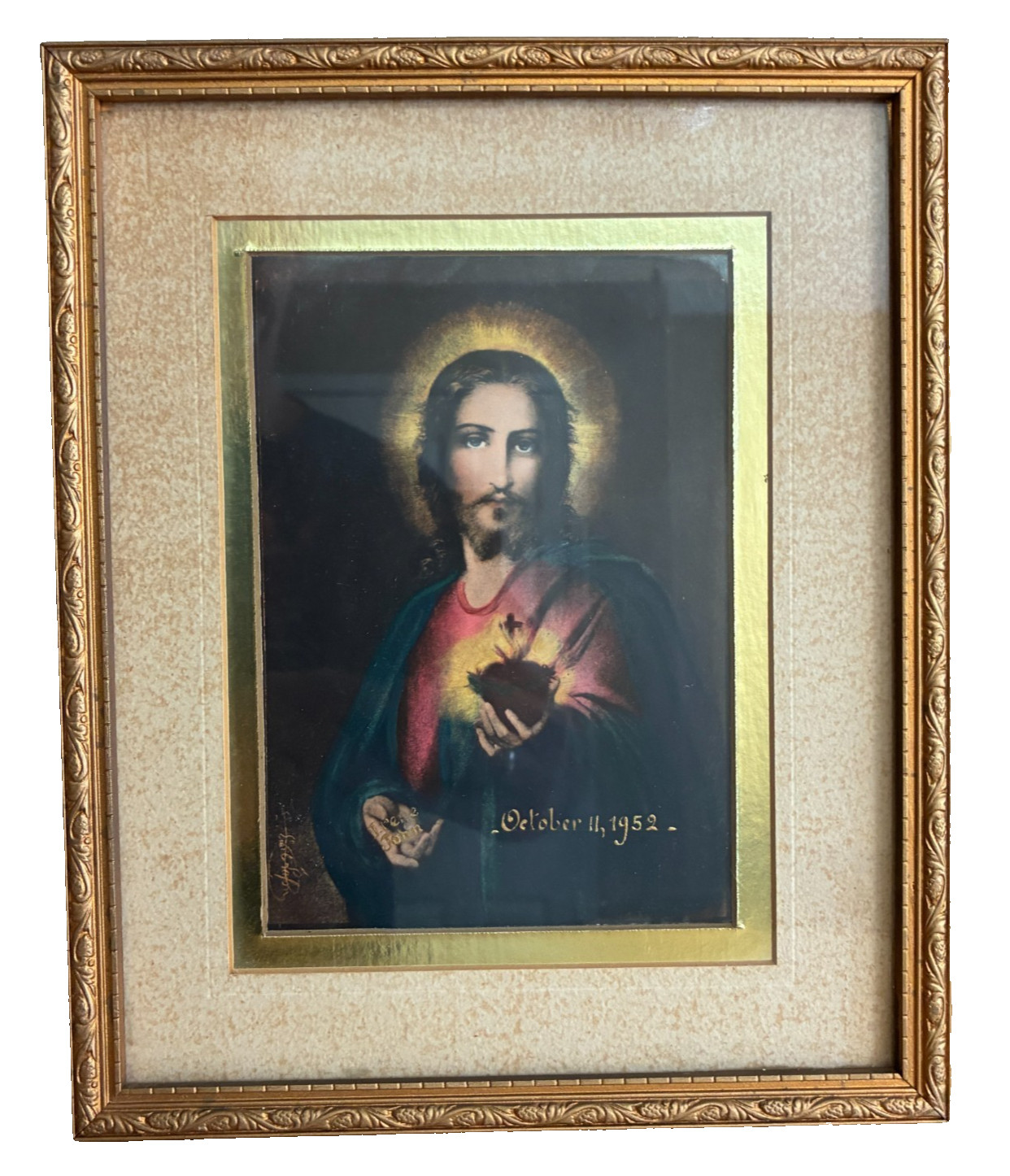 VTG Sacred Heart of Jesus Gold Framed & Matted Print Jacques Emile Lafon 11\