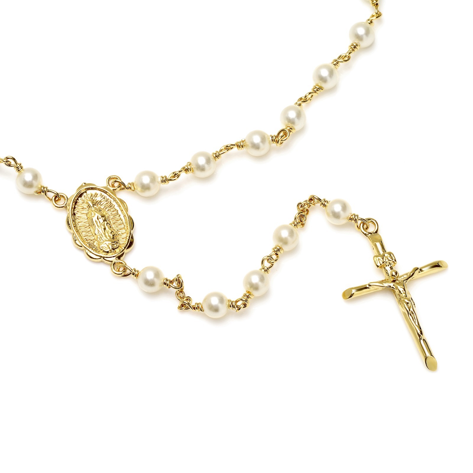 Gold Plated Bronze Rosary Necklace Swarovski Crystal Pearl Beads Guadalupe