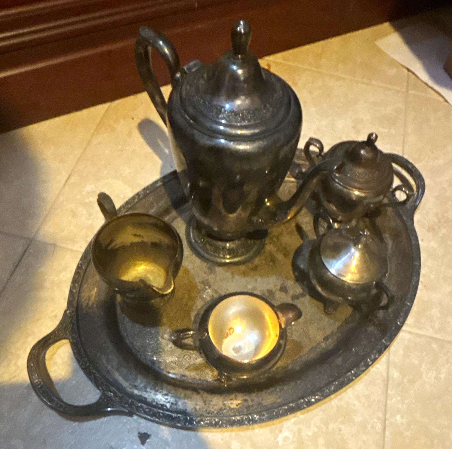 Silver Plated Metal Tea Set Oval Tray, Teapot, Sugar Bowl & Creamer 6 oz