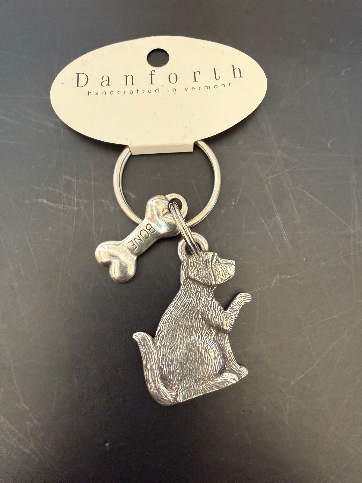 Danforth Dog & Bone Keyring Pewter Keychain Made In USA 1996 