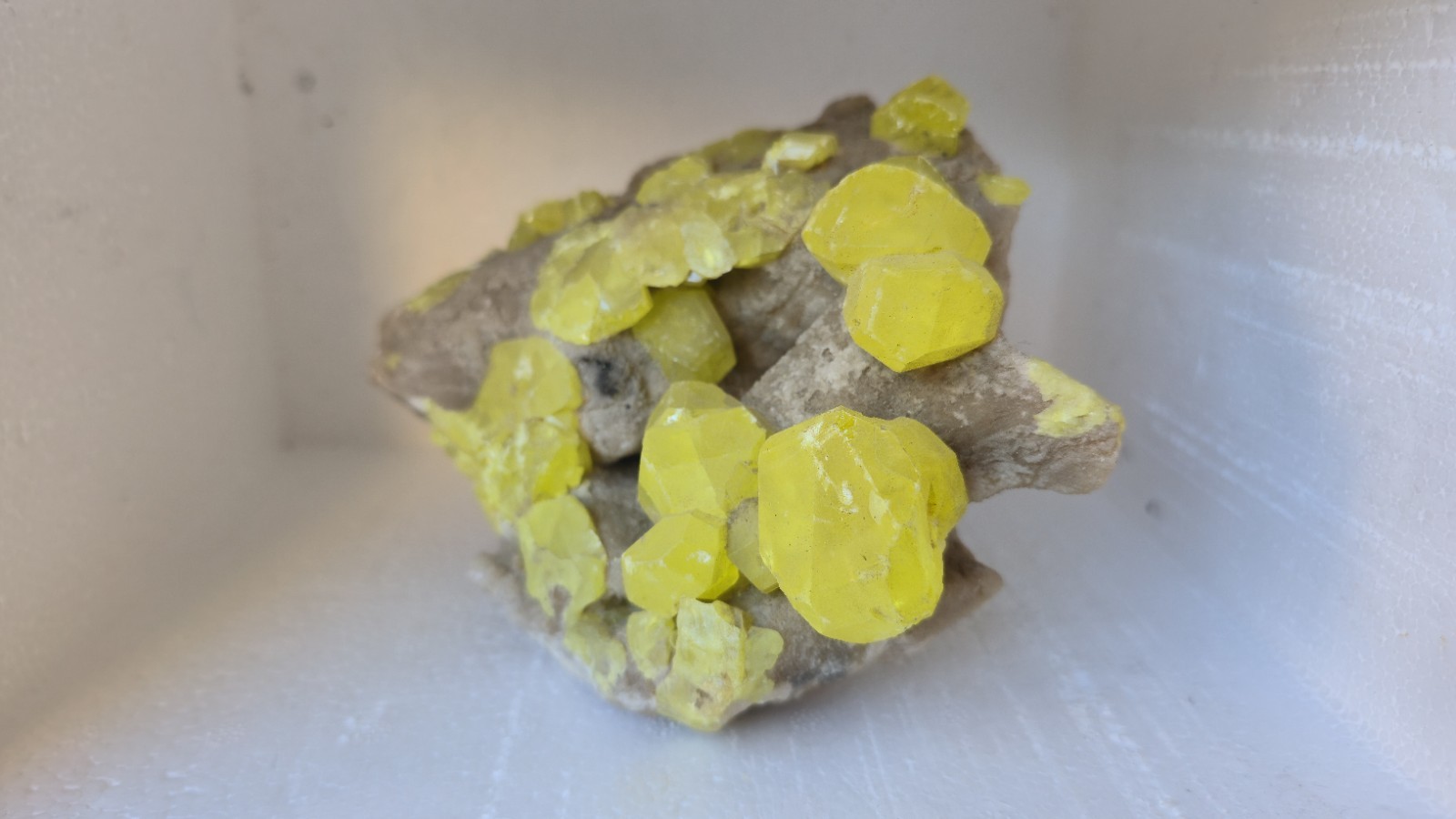 RARE & STUNNING Native Sulphur on Aragonite from the Cozzo Disi Mine in Italy.