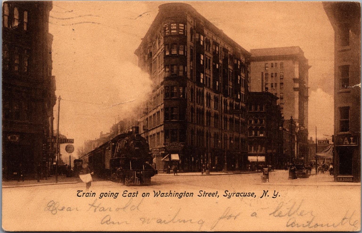 1907 Syracuse NY Washington Street Train Steam Locomotive RPPC Postcard Shoudy