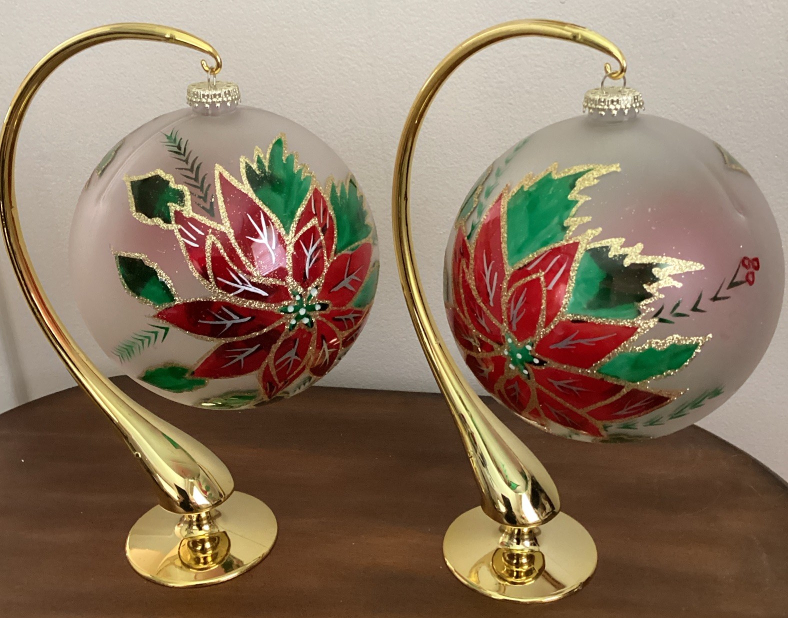 Poinsettia Hand Painted Plastic Large Christmas Ornaments Set Of 2 With Stands