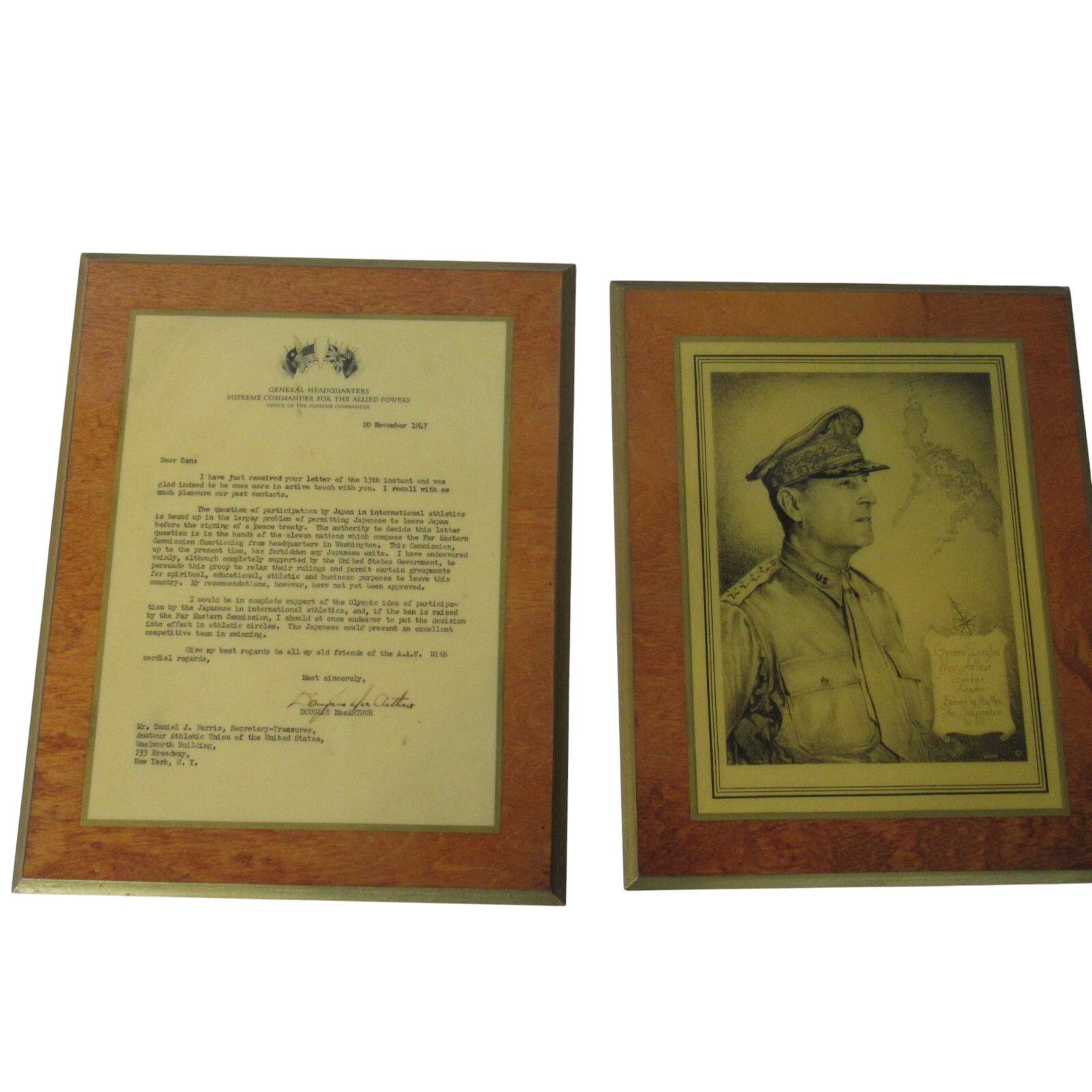 SIGNED Douglas MacArthur 1947 SCAP Letter & Portrait Set to AAU\'s Daniel Ferris