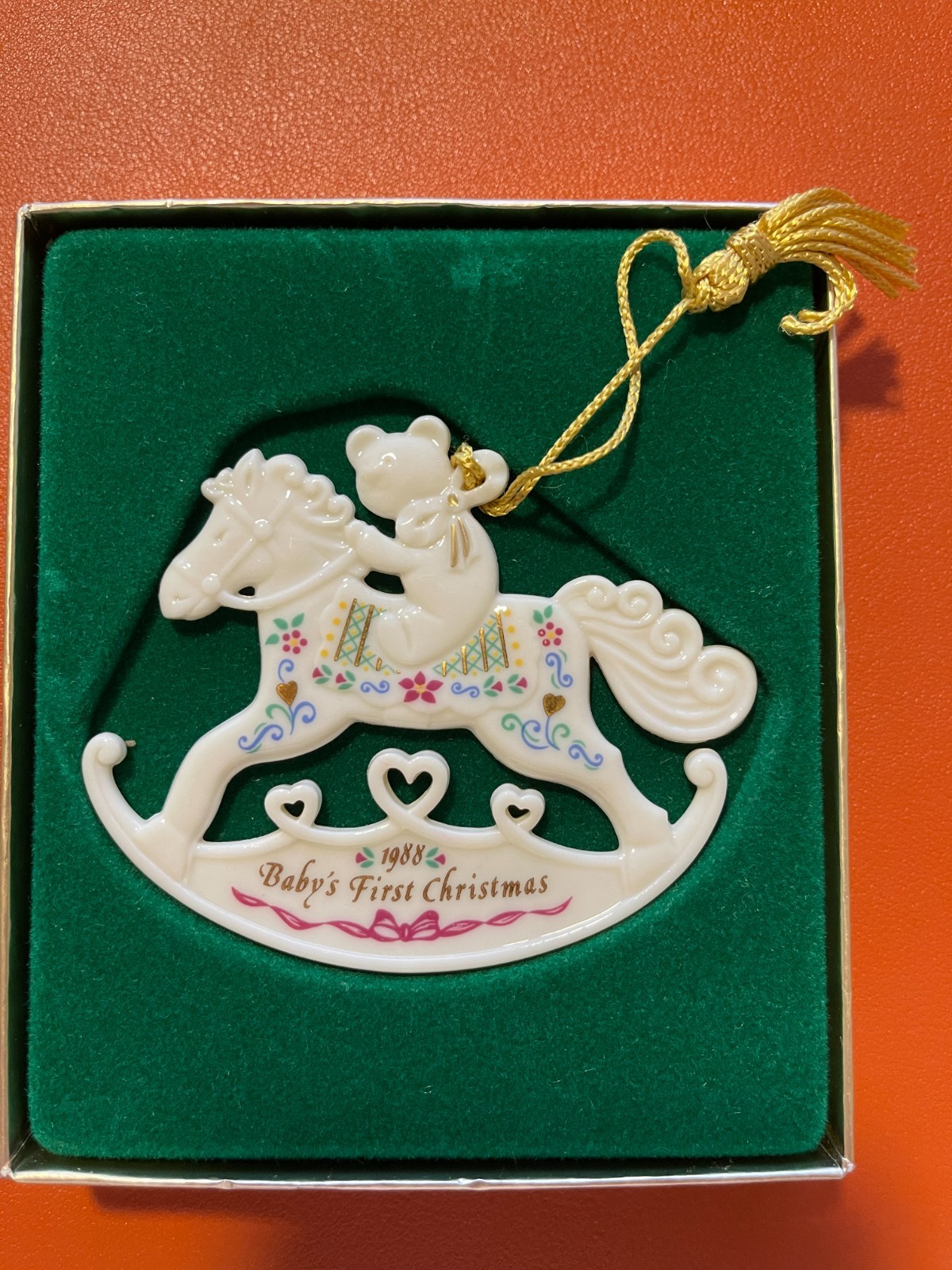 Lenox 1988 Babys First Christmas Rocking Horse Bear Fine Porcelain Ornament Box Lenox 1988 Babys First Christmas Rocking Horse Bear Fine Porcelain Ornament Box