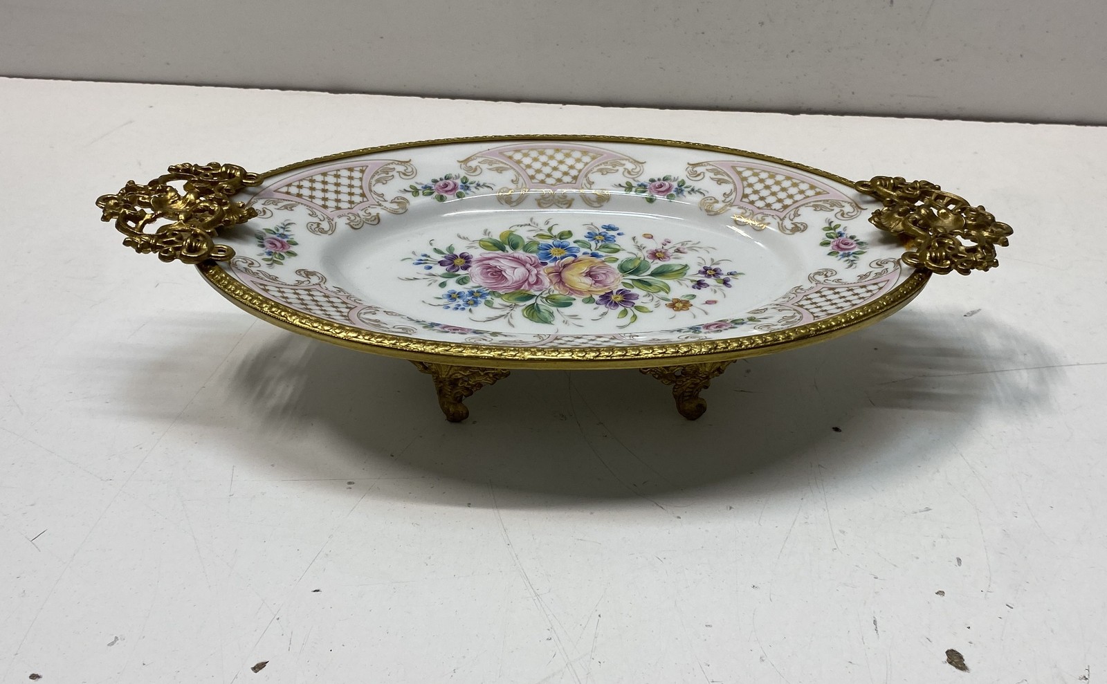 Limoges Porcelain Footed Centerpiece Bowl Floral Gold Ornate Metal Mount 11.5\