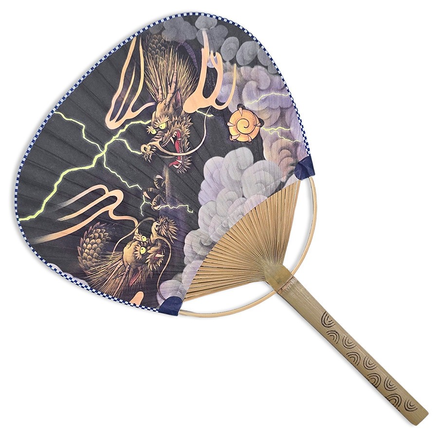 Japanese Uchiwa Flat Fan Hand Held Bamboo Handle Fortune Dragon Made in Japan