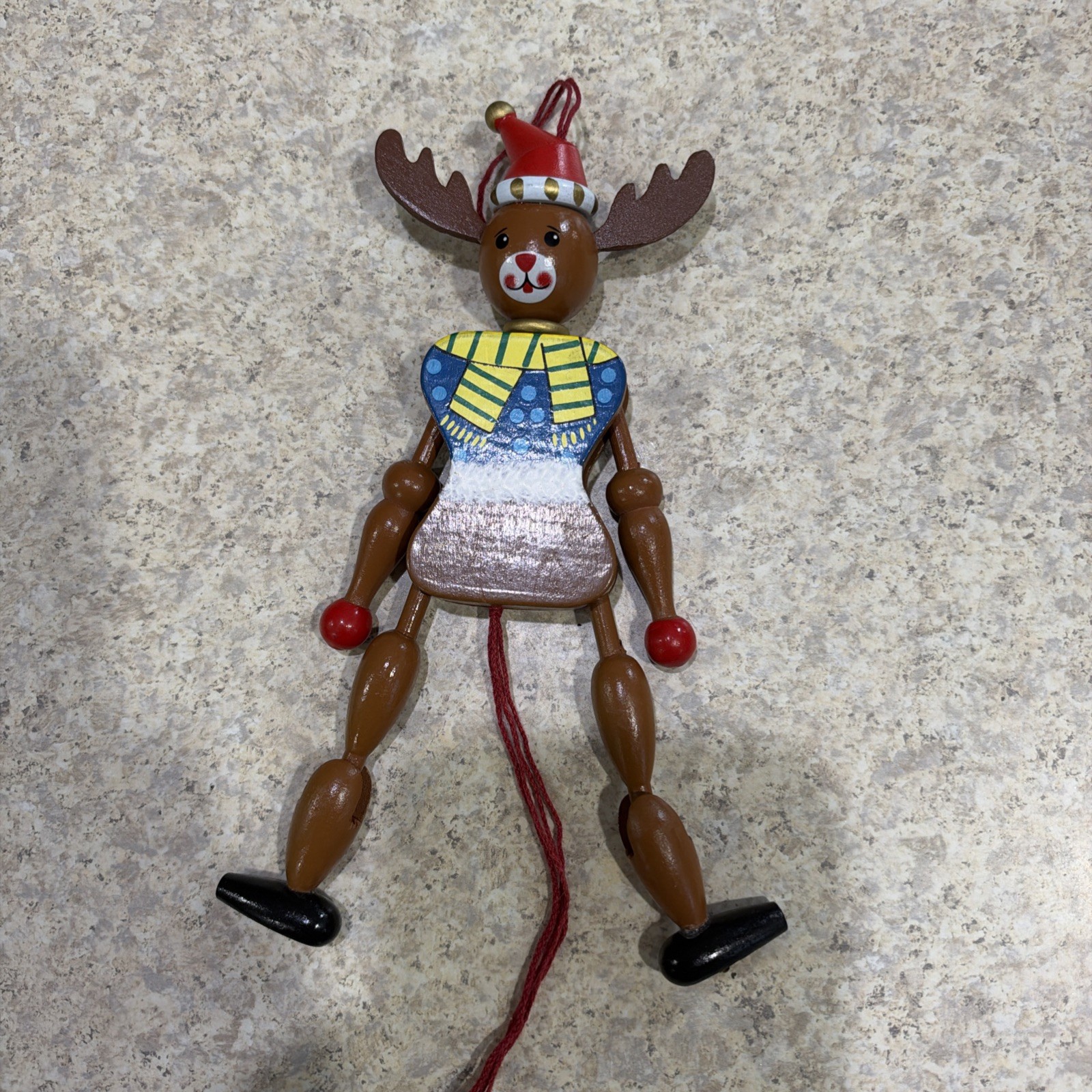 Vtg Wooden Jumping Jack Reindeer Christmas Large Ornament Toy Hand Painted