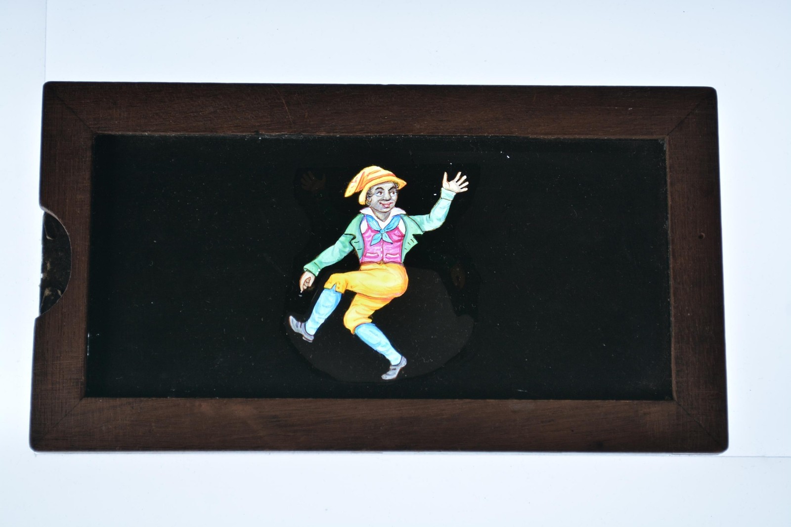 Hand Painted Dancing Man Caricature Mechanical Wooden Lantern Slide c1900s