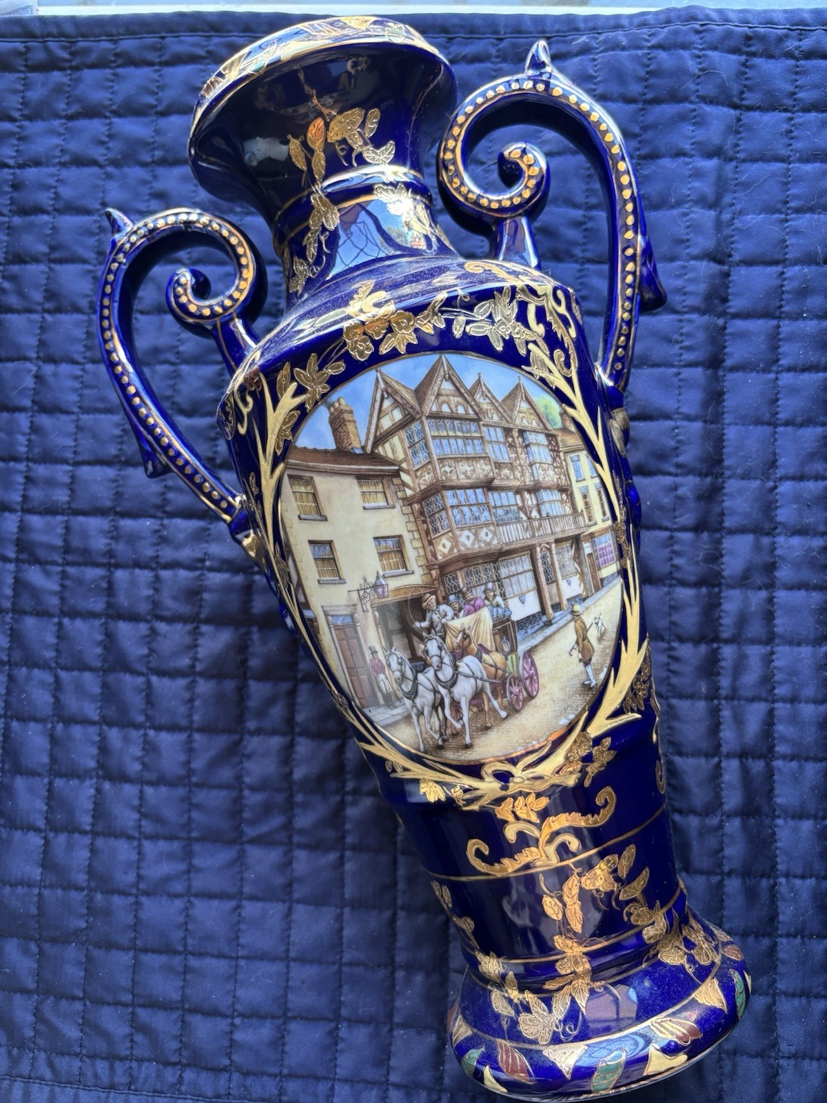 French Porcelain Vase Cobalt Blue Gilt Hand Painted 37cm Large Decorative
