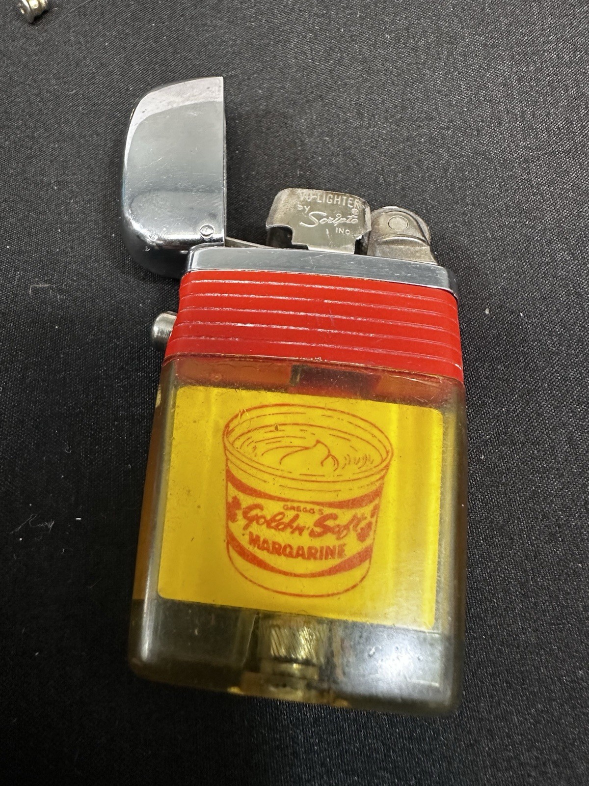 Vintage 1960\'s Scripto Lighter Greg’s Gold’n Soft Margarine Made USA