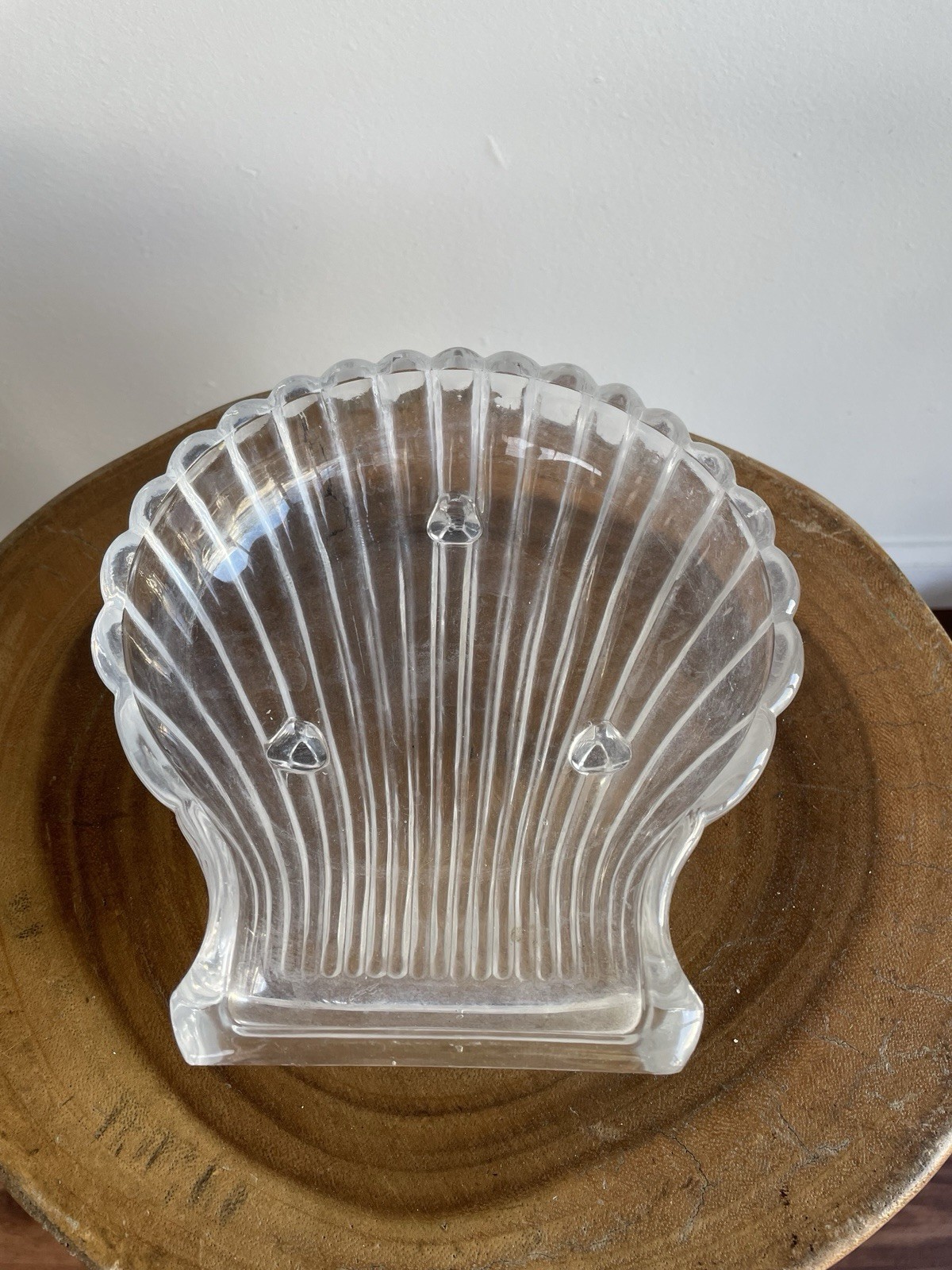 Vintage Clear Pressed Glass Shell Bowl 3 Footed Ribbed Seashell Trinket Dish MCM