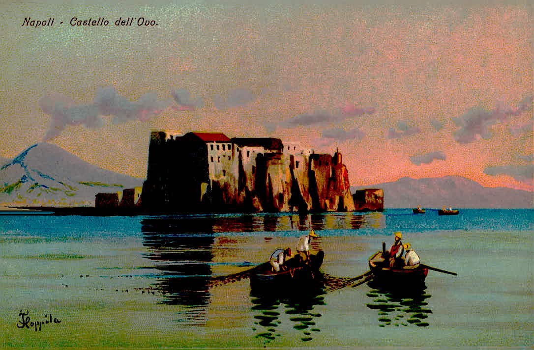 Vintage Naples Italy Postcard Castello dell'Ovo Vesuvius Art Unposted