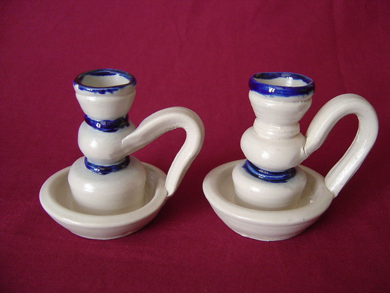 PAIR CANDLESTICKS J. E. MALONEY POTTERY COBALT SALT GLAZE CERAMIC CANDLEHOLDERS 