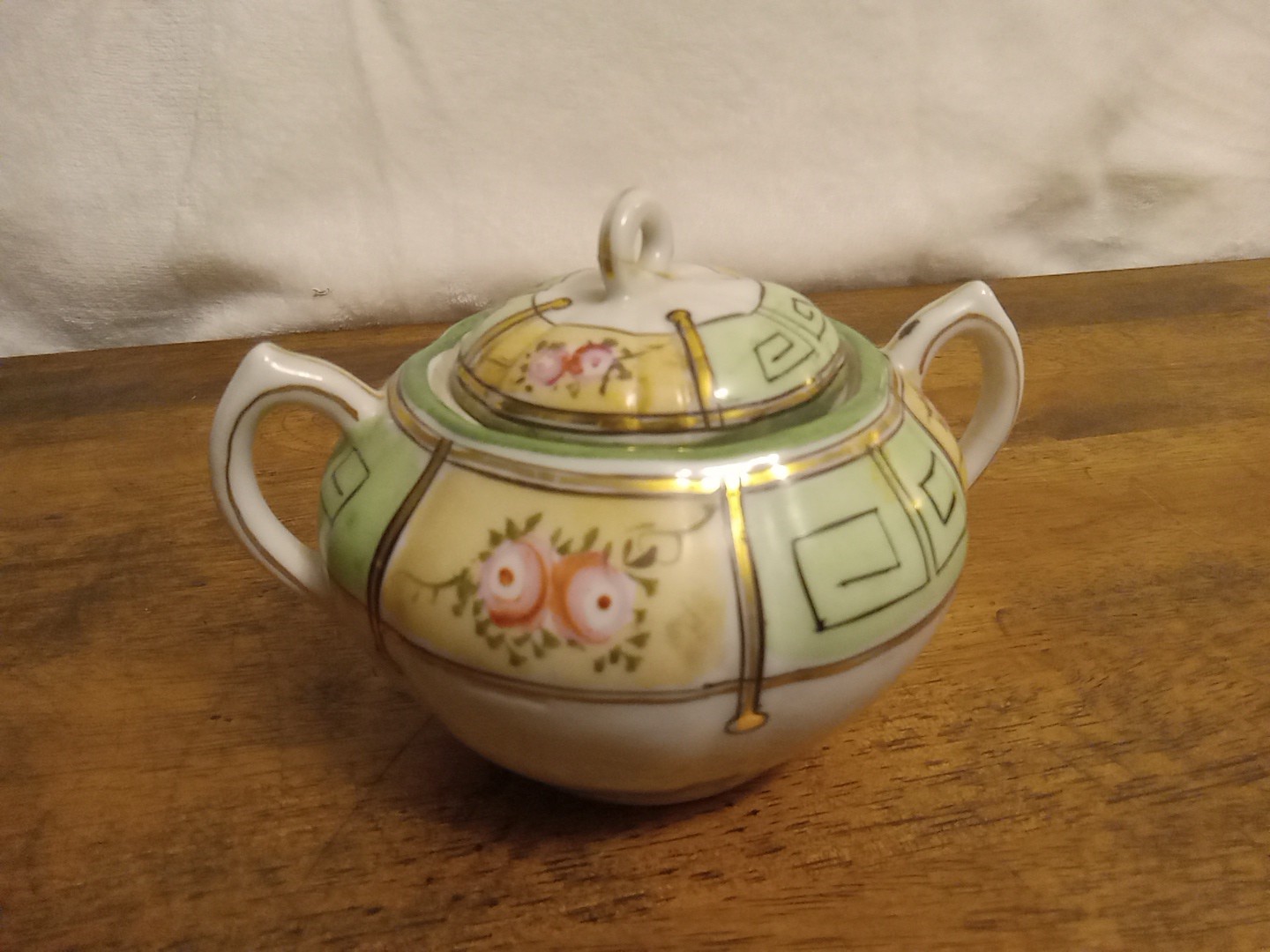 Nippon  Japanese Vintage Sugar Bowl *Hand Painted w/ Pink Roses *gilded accents