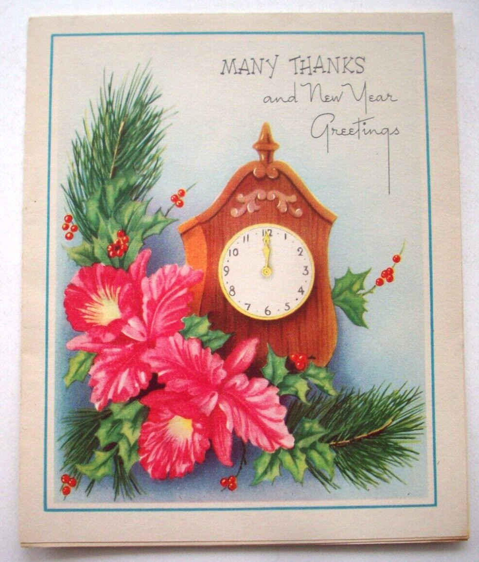 Orchids & clock vintage New Year  Christmas greeting card *KK11