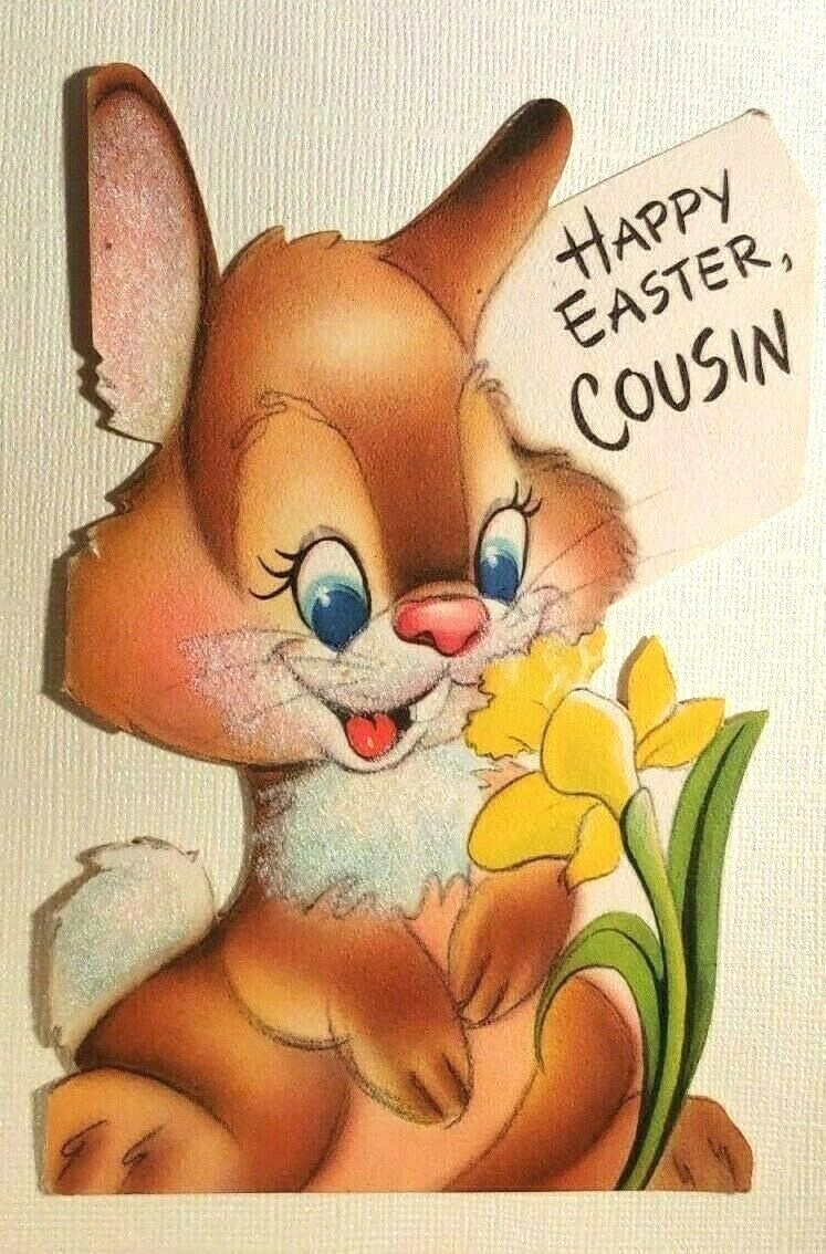 Vtg Easter Flocked Brown Bunny With Daffodil Card Front Half Only