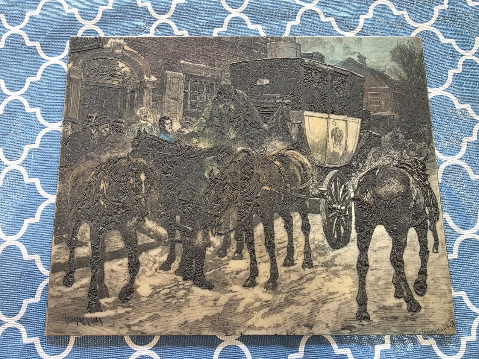 Vintage W Zimmermann Plaster Relief Plaque Stagecoach Boston Post Road MCM Art