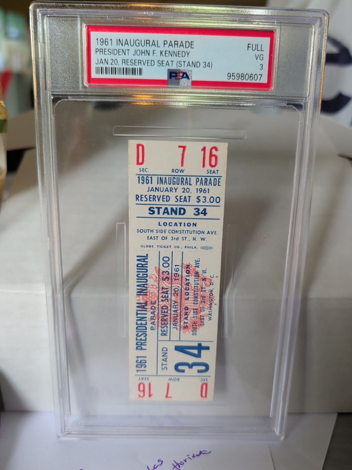 JFK Kennedy 1961 President Inauguration Parade FULL TICKET GRADED PSA VG 3 RARE