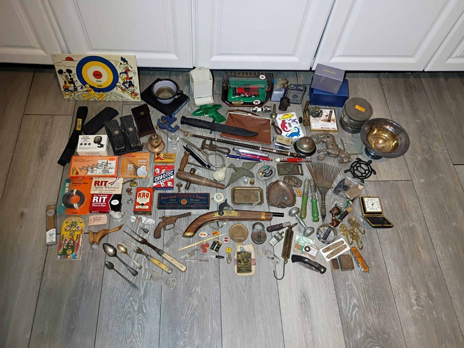 HUGE Vintage Junk Drawer Lot Toys Knives Pens Advertising Antiques