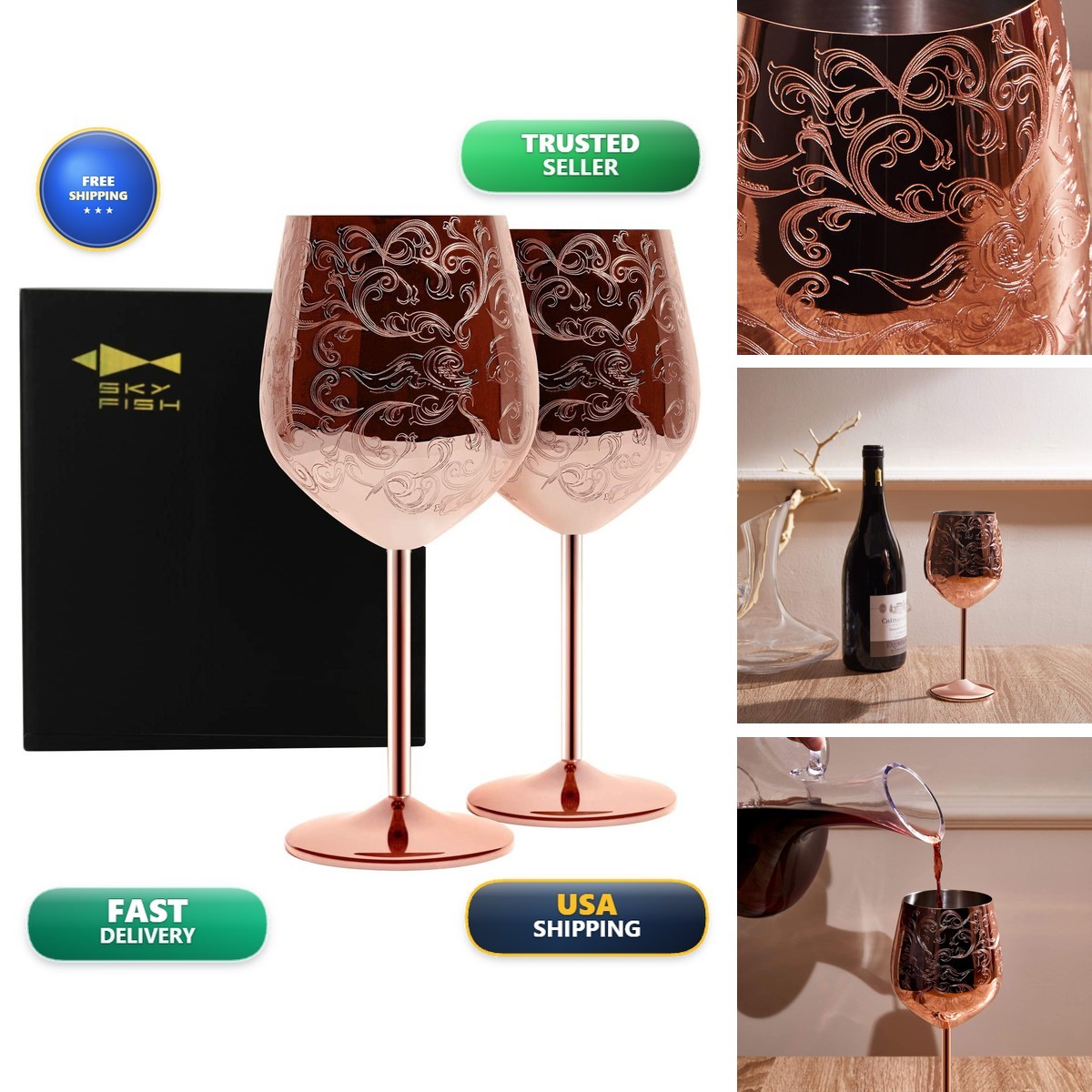 Sky Fish Copper Plated Stainless Steel Wine Glasses Set of 2 (17oz) Sky Fish Copper Plated Stainless Steel Wine Glasses Set of 2 (17oz)