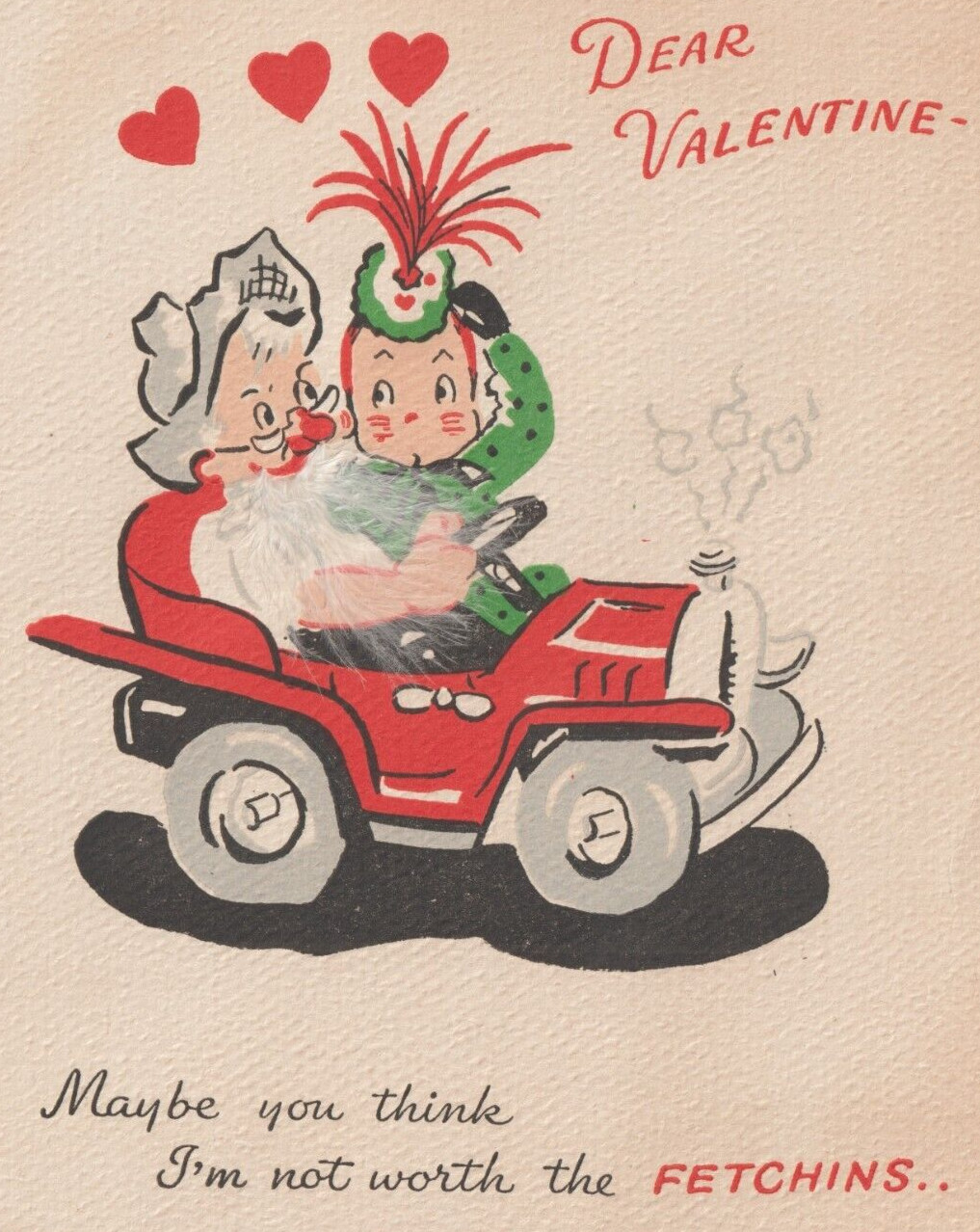 C1940-50s Vintage Red Car Automobile Feather Beard Cute Valentine Card USA