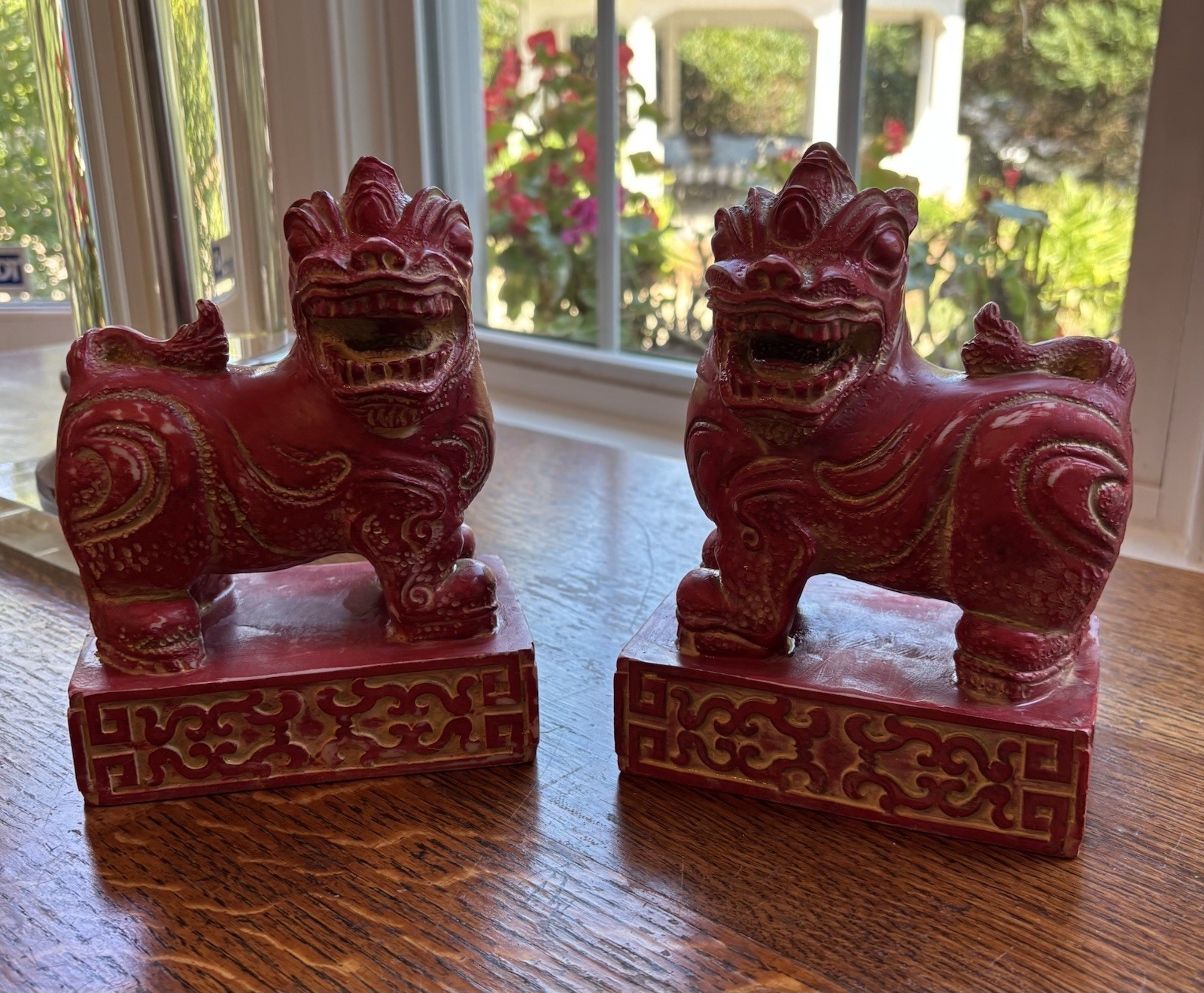 Heavy Vintage Pair Red Foo Dog Figurines Bookends Asian Guardian Lions Feng Shui