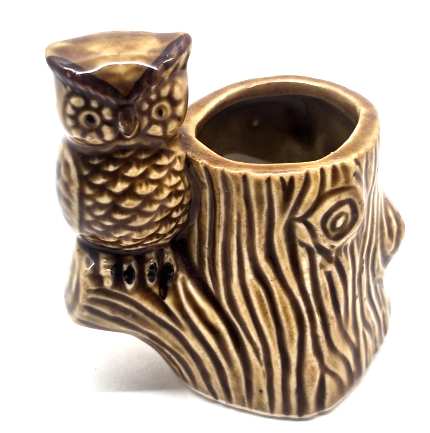 Vintage Ceramic Brown Owl & Tree Stump Collectible Toothpick Holder 3