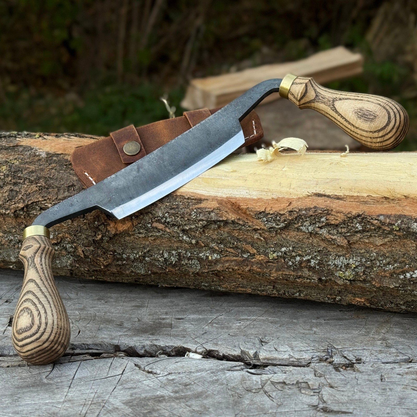 Small Drawknife Hand Forged Woodworking Draw Knife 52100 Steel Leather Sheath