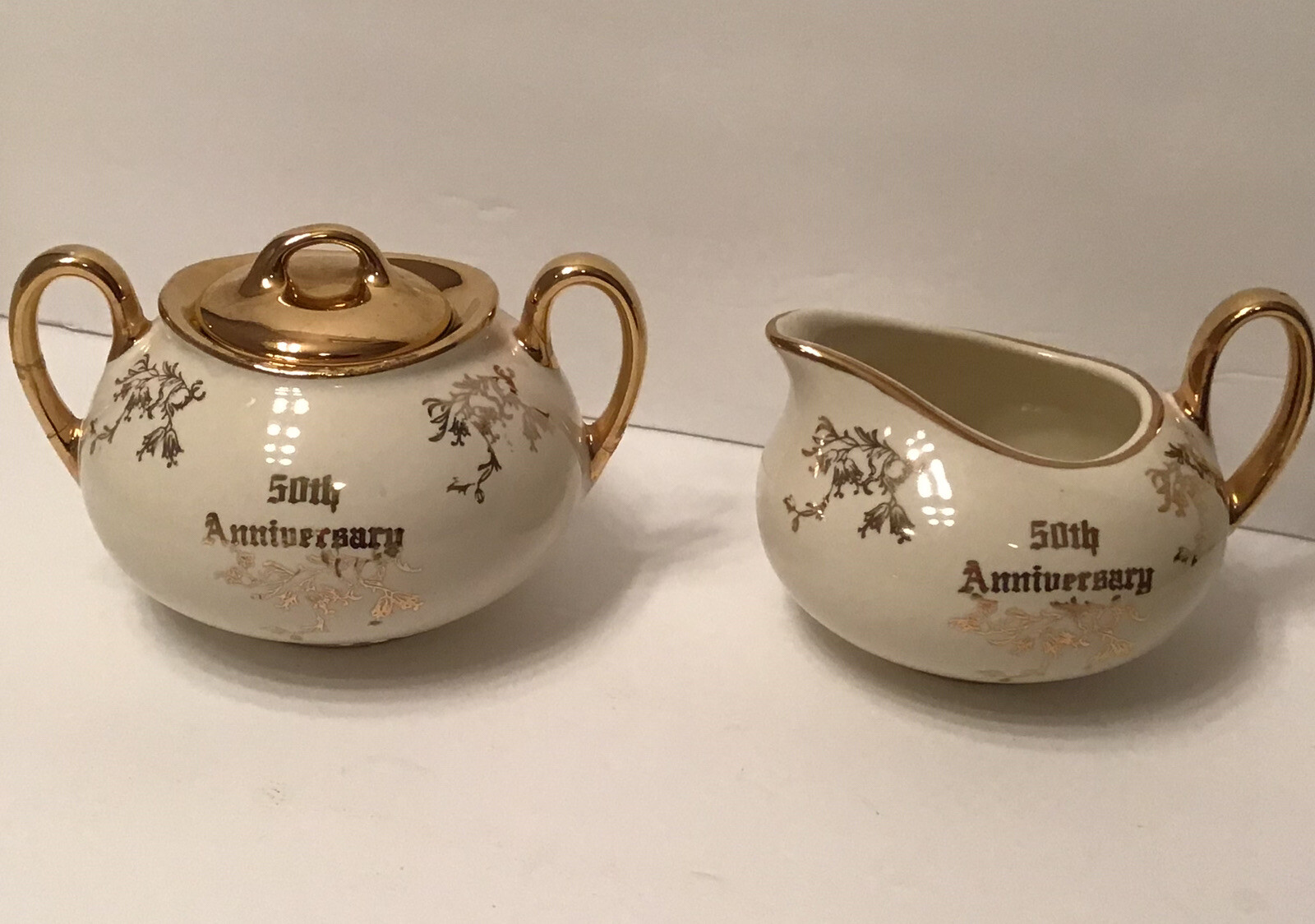 Vtg Creamer & Sugar Pearl China Company 50th Anniversary 22k Gold Trim Rare