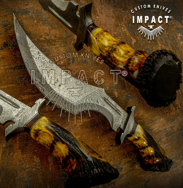 1-Of-A-Kind Hand Made Impact Cutlery Custom Damascus Bowie Knife Crown Antler
