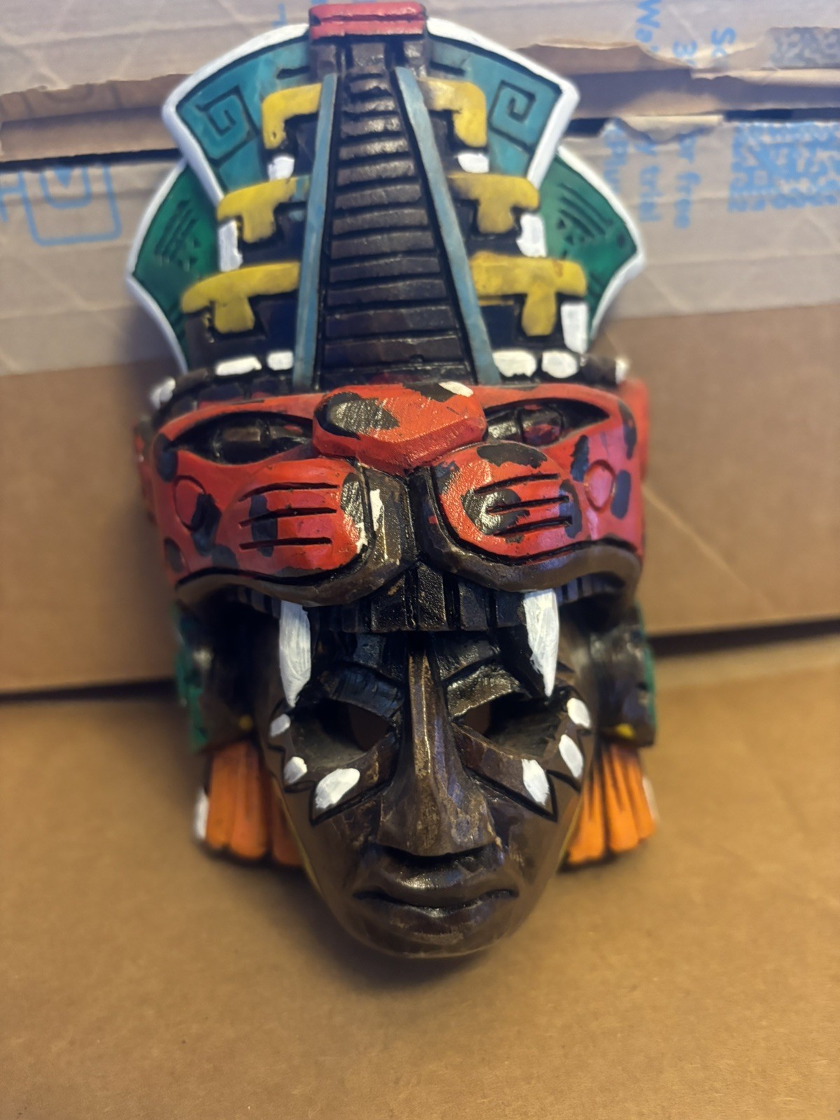 Vibrant Hand-Carved Mesoamerican Aztec Mayan Warrior Totem Wood Mask - Mexic