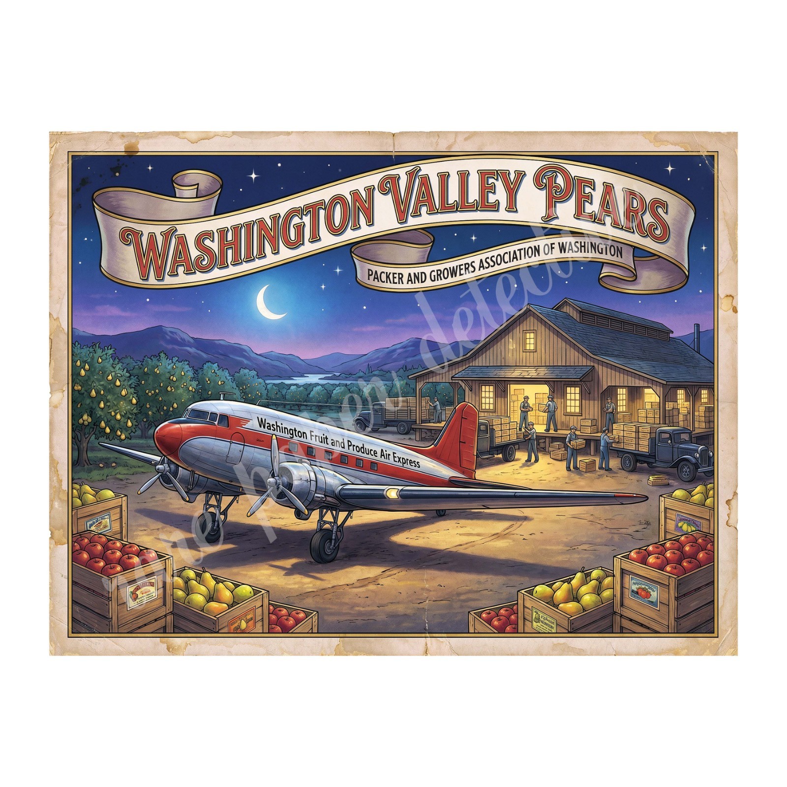 Washington Valley Pears 1950s Retro Style Fruit Crate Label 10.5
