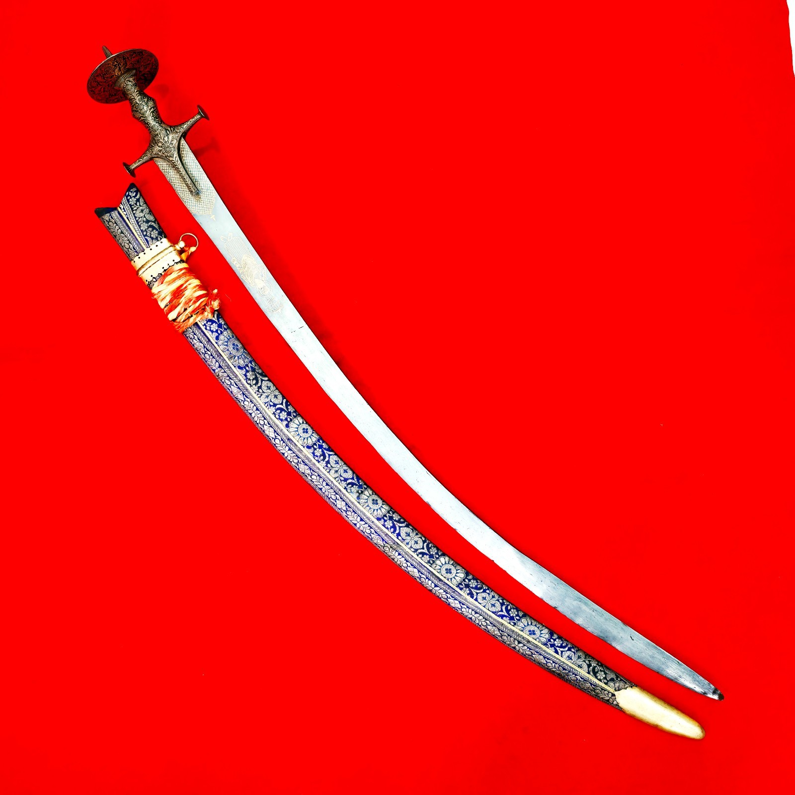 Vintage Indo-Persian Punjabi Sikh Saint Gold Work Damascus Sword Tulwar Shamshir