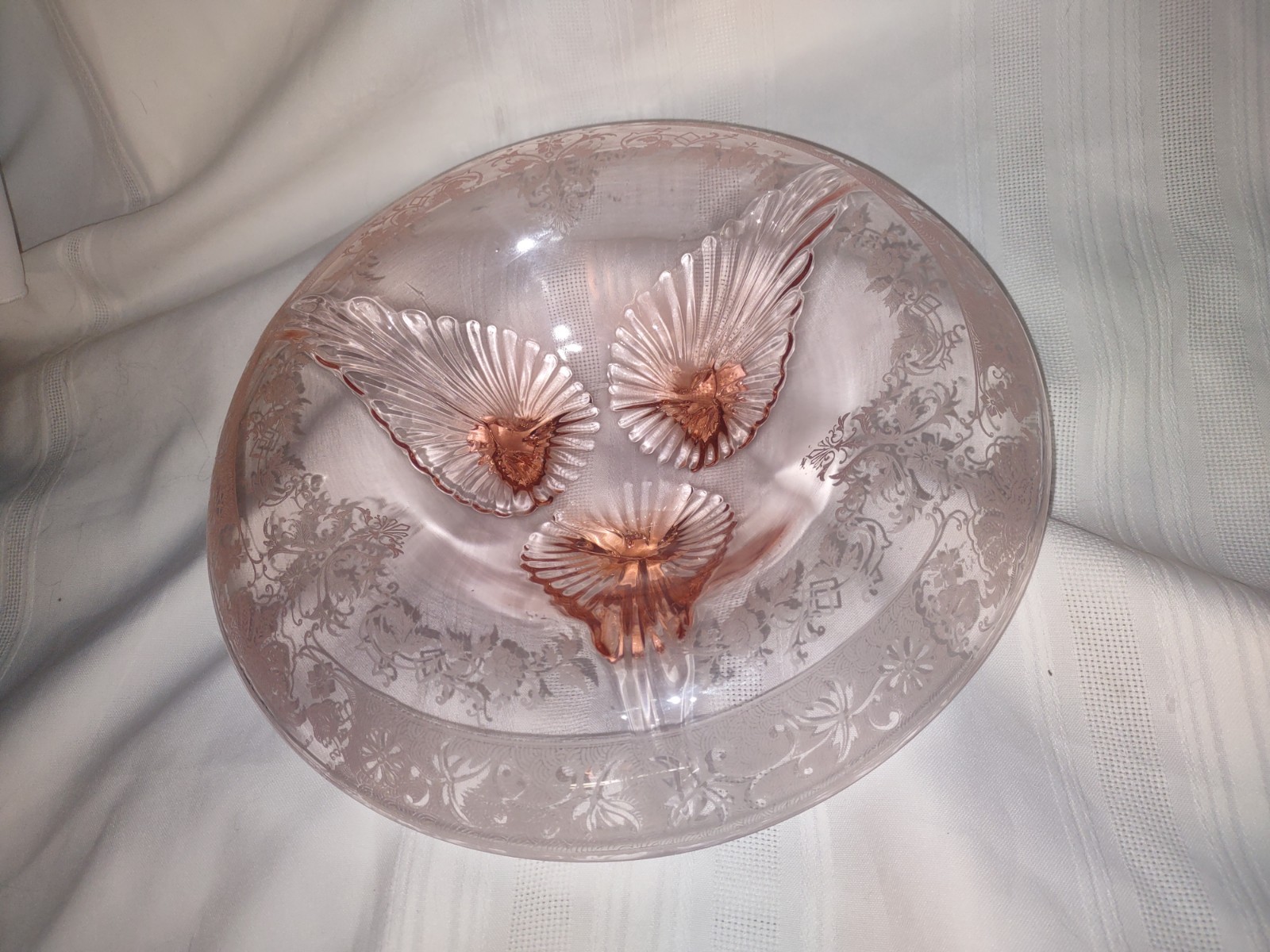 Antique Vintage Etched Pink Depression Glass 3 Footed Console Bowl Rolled Rim 
