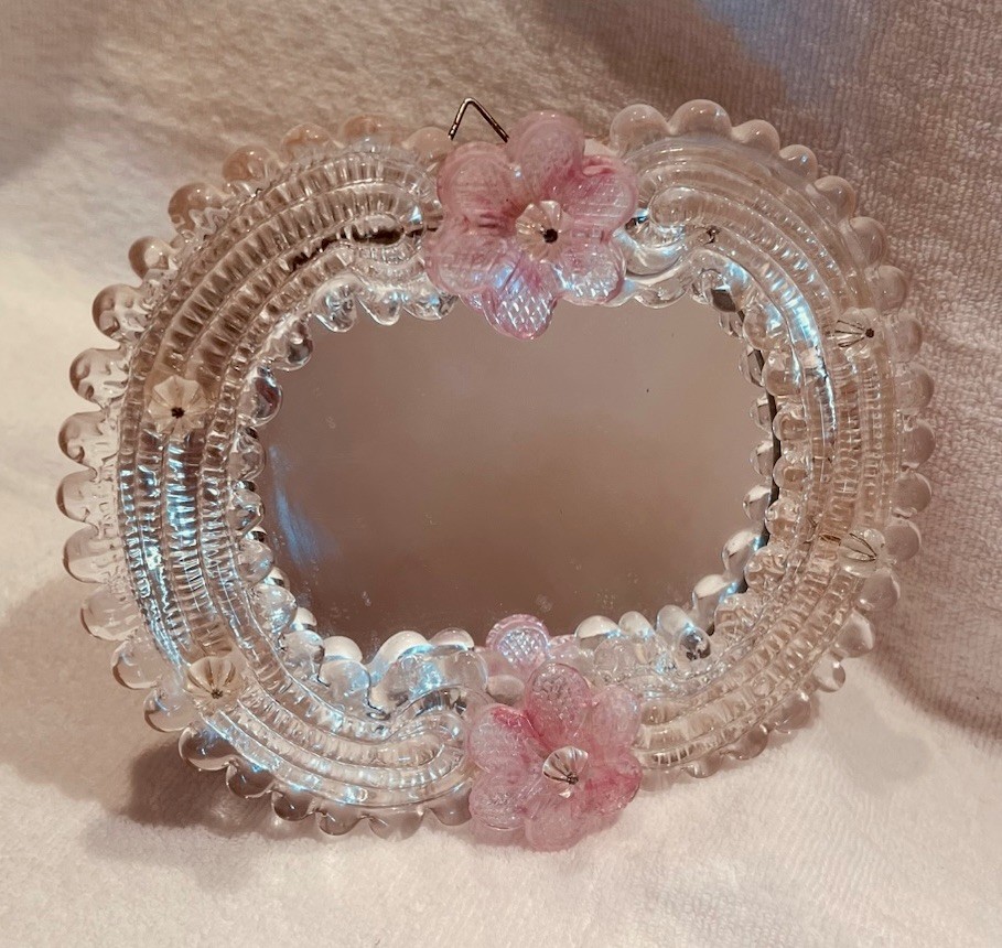Antique Venetian Murano Glass Mirror Clear Glass with Pinkish Glass Flowers