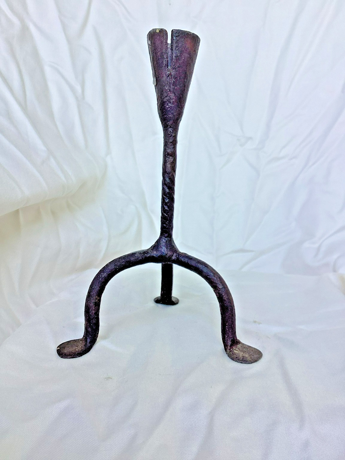 Antique Hand-Forged Wrought Iron Primitive Candle Holder Stand Base, Late 18th–E