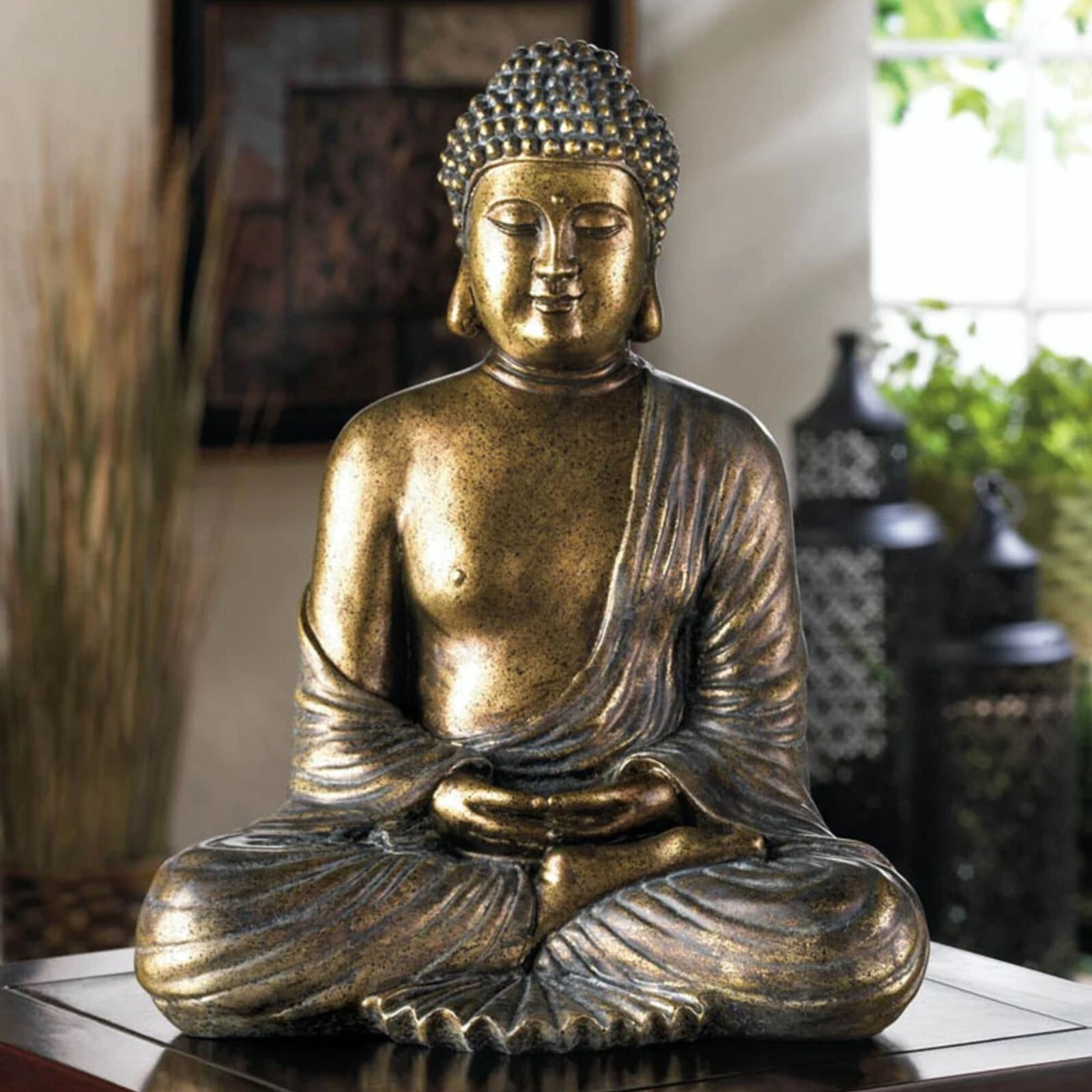 Bronze Metallic Buddha Statue Meditation Figurine Zen Serenity Garden Home Décor