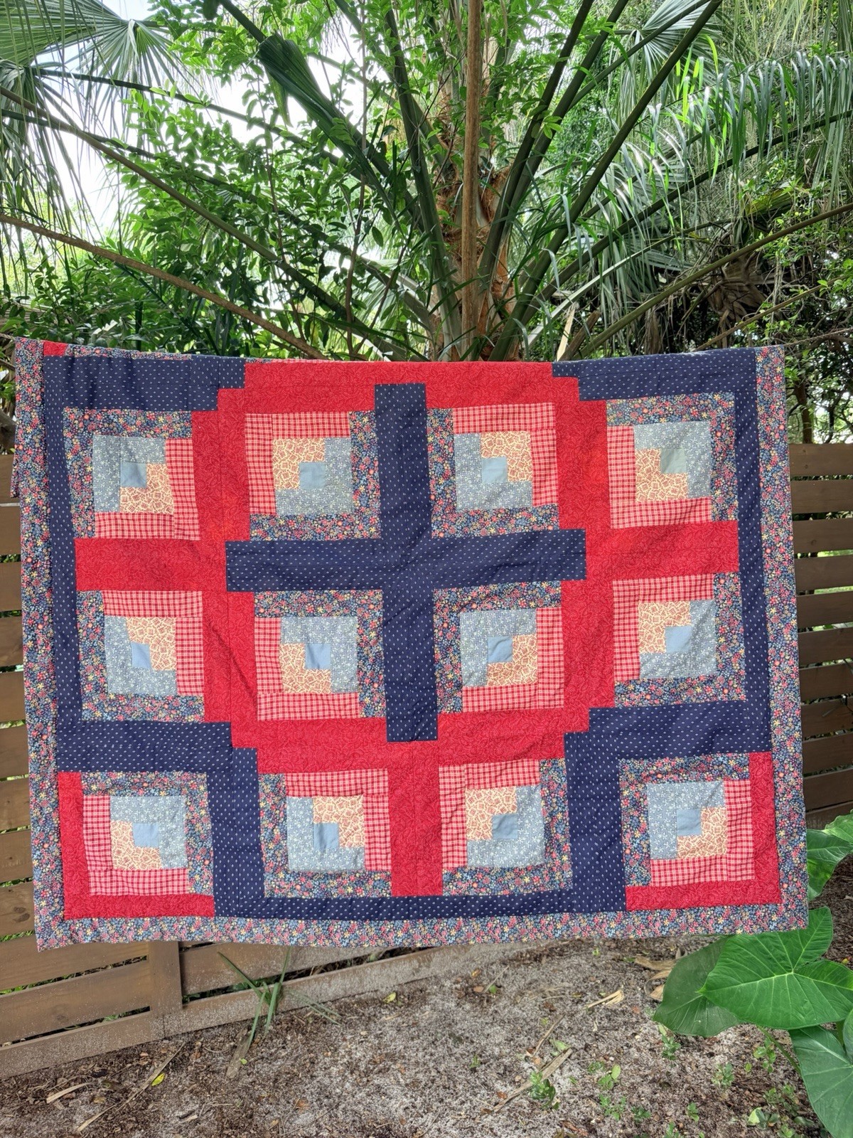 Vintage Handmade Log Cabin Quilt Courthouse Steps Patchwork Floral 56x56 Square