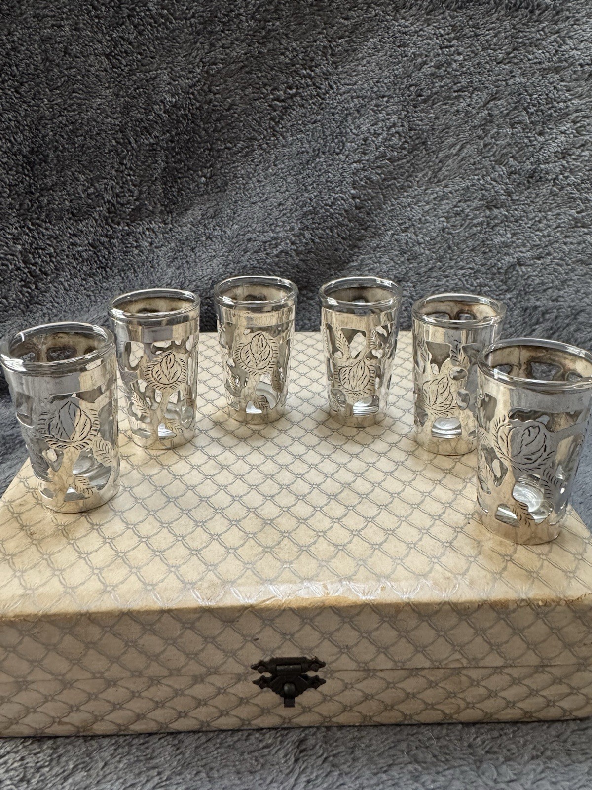 Vtg 6 925 Sterling Silver Rose Motif Overlay Glass Insert Shot Glasses - Mexico