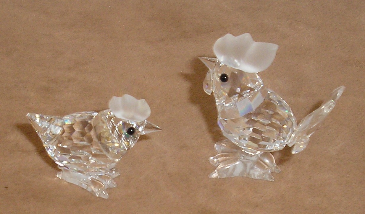 Swarovski Crystal Hen 7675 NR 30 And Rooster 7674 NR 45 ~ 1987-1988 Block Logo