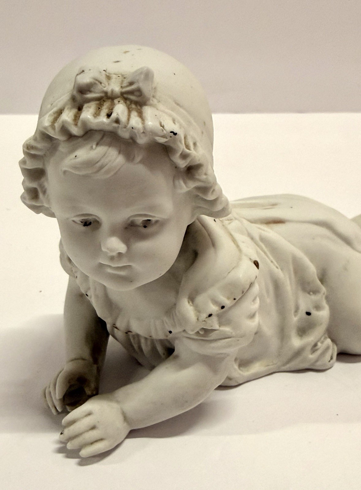 Antique 1879-86 Bisque Unger & Schneider Prone Piano Baby 6” Long Figurine #7128