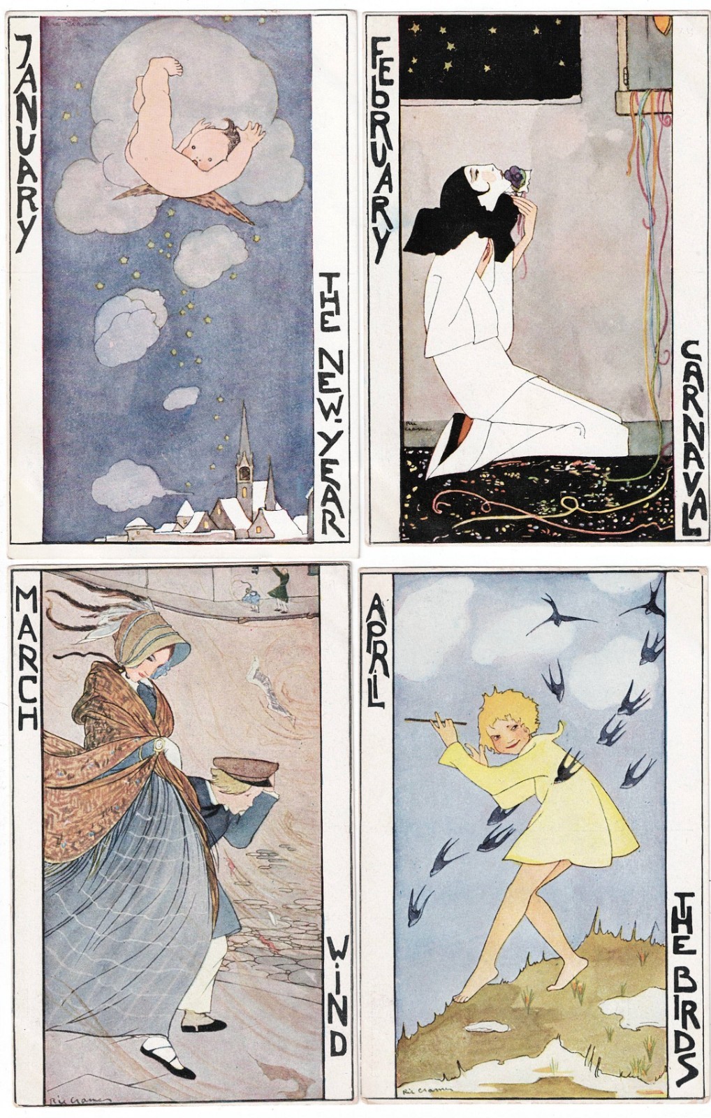 Collection, 12 Vintage Artist Cards, Rie Cramer, The 12 Months, Expired 1930
